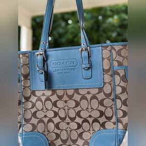 Coach Bag/Tote Beautiful Ocean or Teal Blue Leather w/ Signature Monogram Canvas
